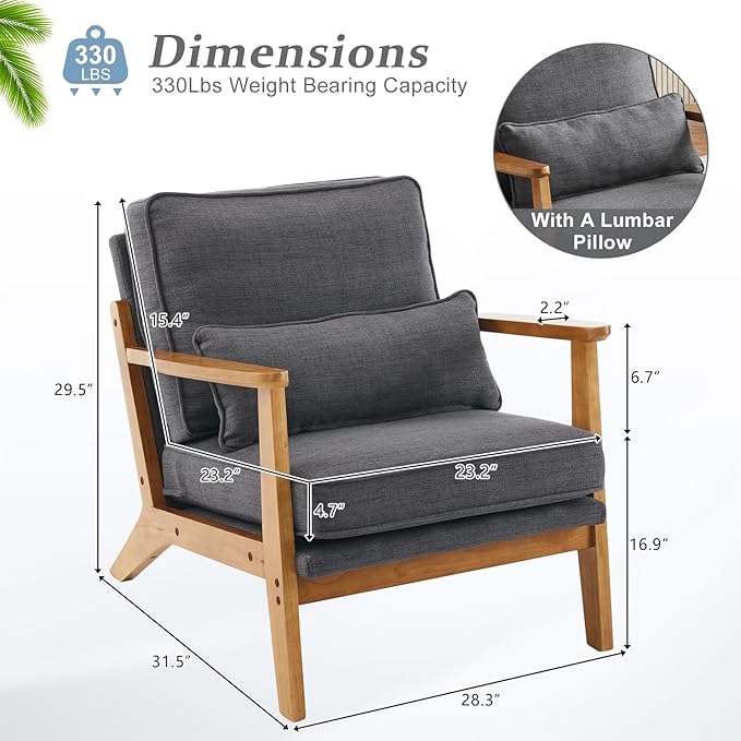 VINGLI Solid Wood Wide Armrests Accent Chair, Upholstered Mid Century Modern - Image 2