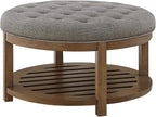 24KF Large Round Upholstered Tufted Linen Ottoman Coffee Table, Large Footrest - Image 3