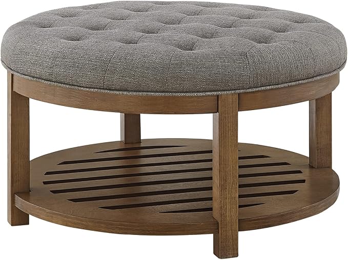 24KF Large Round Upholstered Tufted Linen Ottoman Coffee Table, Large Footrest - Image 3