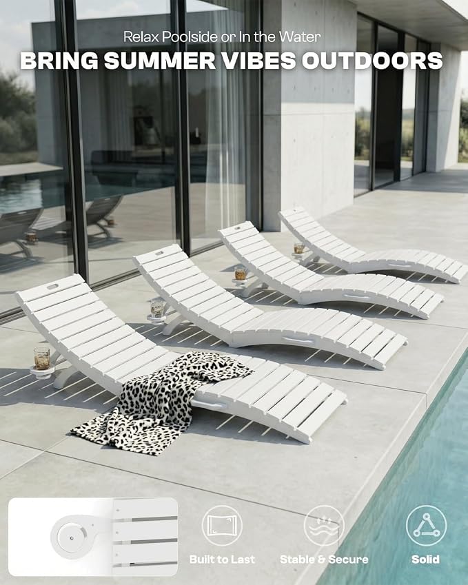Folding HDPE Pool Lounge Chairs Set of 4, Pre-Assembled Outdoor Chaise Lounge - Image 6