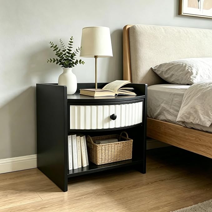 Wooden Nightstand with Drawer and Open Storage Shelf, Curved Front Bedside Table by Unknown