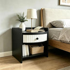 Wooden Nightstand with Drawer and Open Storage Shelf, Curved Front Bedside Table by Unknown