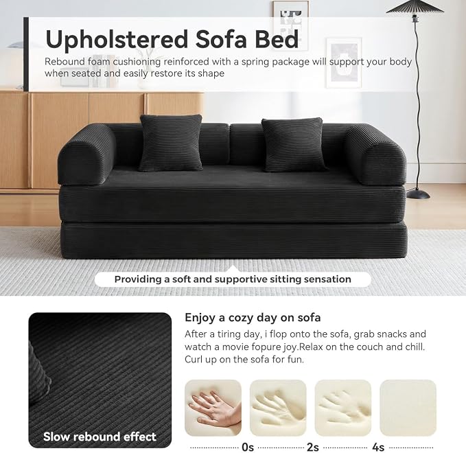 Convertible Sleeper Bed with 2 Cylindrical Pillow, Comfy Foldable Bed - Image 8