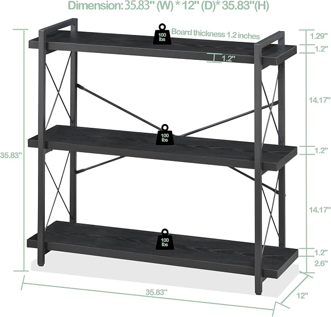 HCHQHS Bookshelf, 3-Tier Industrial Bookcase, Freestanding Horizontal - Image 3