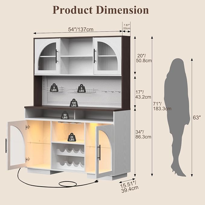 71" Pantry Cabinet with Pegboard, Movable Charging Station & Arched Door Cabinet - Image 4
