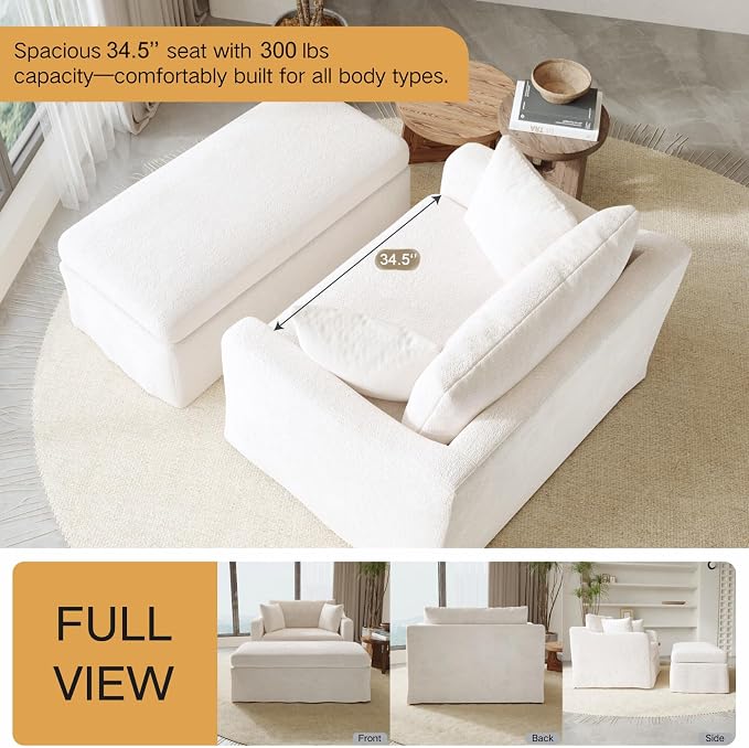Oversized Armchair with Ottoman, 43.9" W Chenille Accent Chaise Lounge Sofa - Image 4