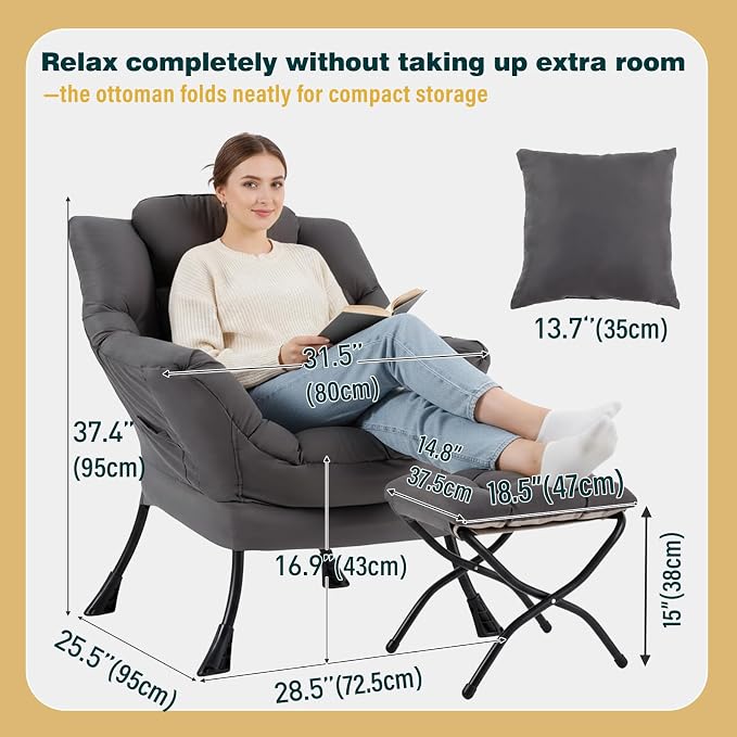 Lazy Chair with Ottoman, Large Accent Chair with Ottoman and a Throw Pillow - Image 2