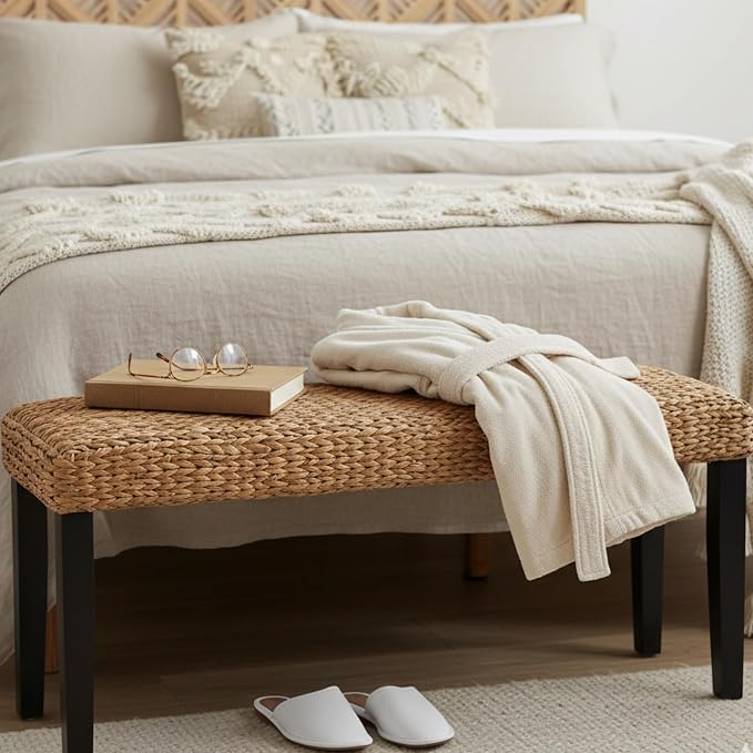 Entryway Bench with Solid Wood Acacia, Water Hyacinth Indoor Bench Seat - Image 4