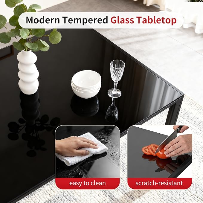 FDW | Dining Table for 4-6 People | Black | 47 Inch Rectangular Glass Kitchen - Image 4