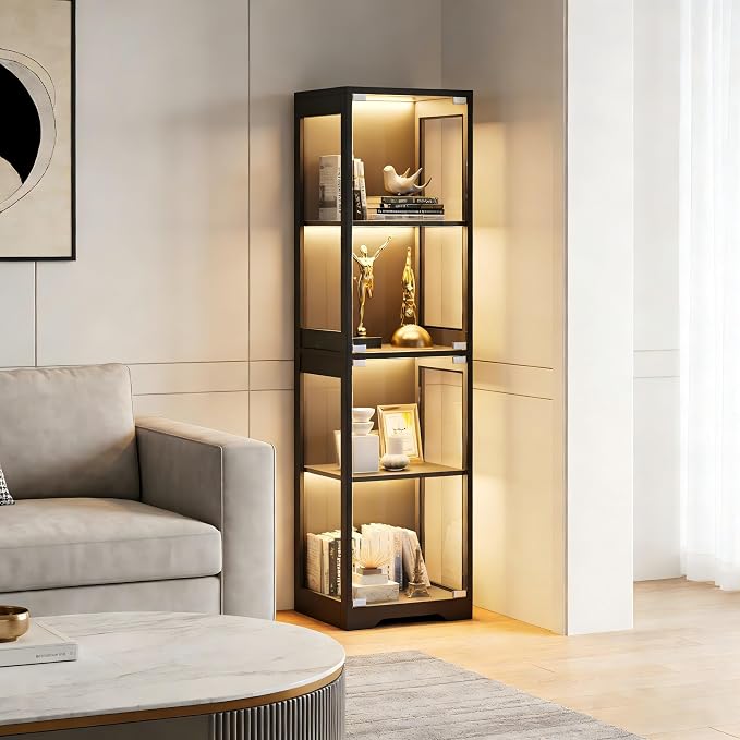 Display Cabinet with Glass Doors, Display Case with Lights and Human Body Sensor - Image 6
