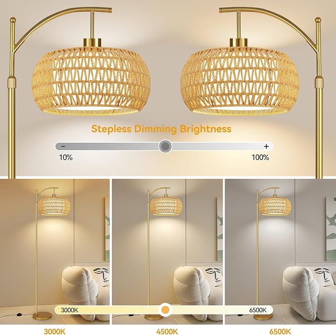 ZECOXOL Gold Floor Lamps for Living Room Rattan Boho Floor Lamp - Image 2
