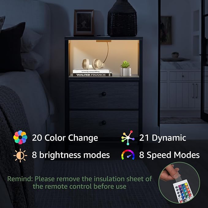 BOLUO Gray Nightstand with Charging Station, LED Night Stand with 2 Fabric - Image 6