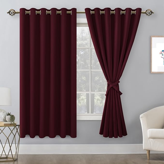 Grommet Blackout Curtains for Bedroom, 70 x 63 Inches, Burgundy | Thermal by Hiasan