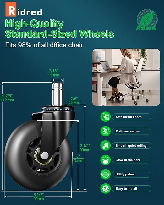 RidRed Office Chair Wheels Replacement Heavy Duty 3 Inch Roller Blade Wheels - Image 2