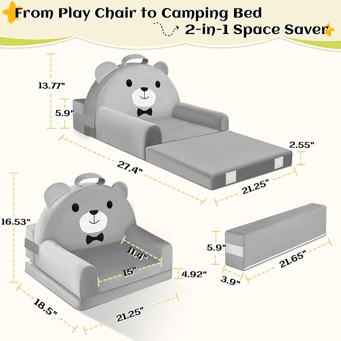 Kids Sofa Bed with Removable Washable Cover & Magic-Tape Backrest – Foldable - Image 3