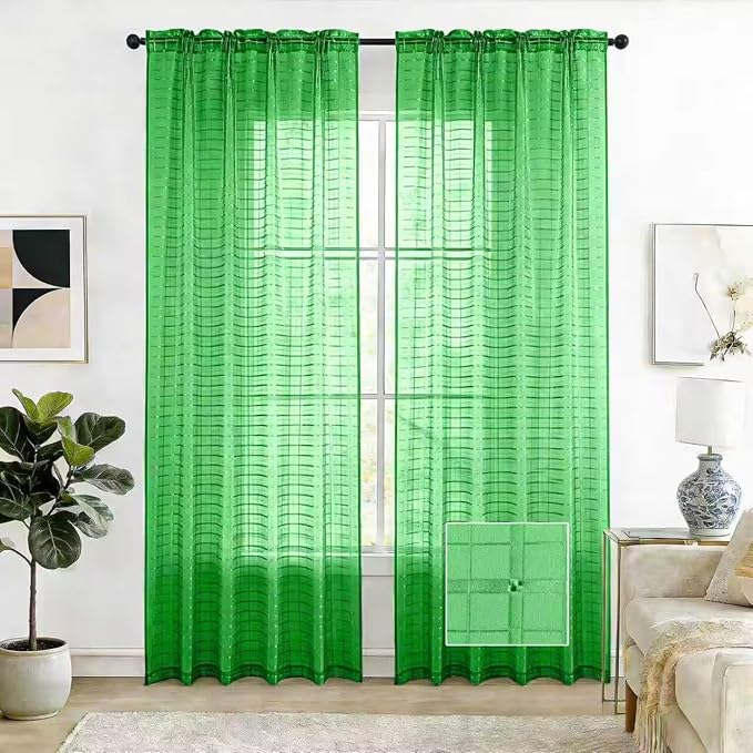 SpaceDresser Check Sheer Curtains 90 Inches 2 Panels Set, Rod Pocket Plaid by SpaceDresser