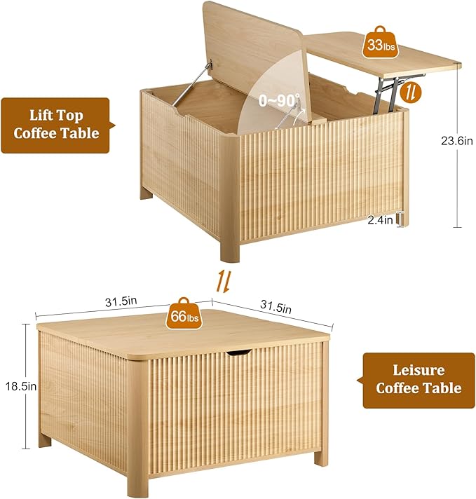 LYNCOHOME 31.5" Fluted Lift Top Coffee Table - Image 2