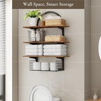 3 Tier Floating Shelf with Storage Baskets, Wall Mounted Bathroom Shelves Over - Image 4