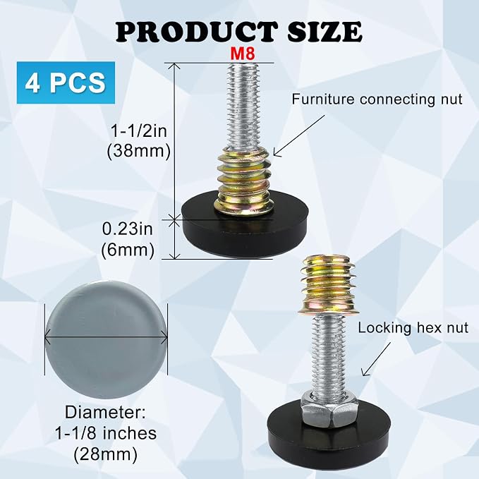 WAFJAMF M8 Thread Leveling Feet PTFE Bottom, Adjustable Furniture Feet Threaded - Image 3