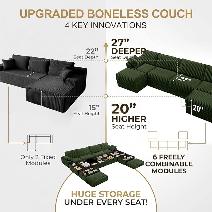 Upgrade Boneless Couch with Storage, Extra Deep&High Seat Modular Sectional - Image 6