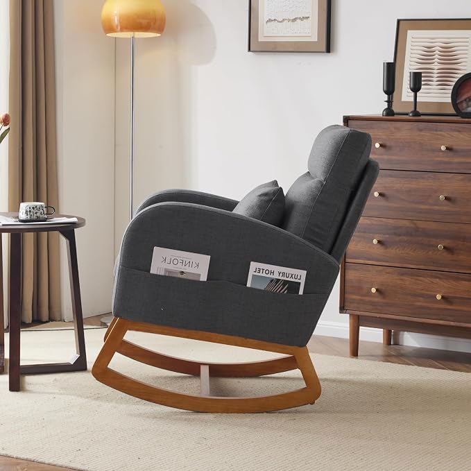 VINGLI Grey Linen Nursery Rocking Chair - Image 6