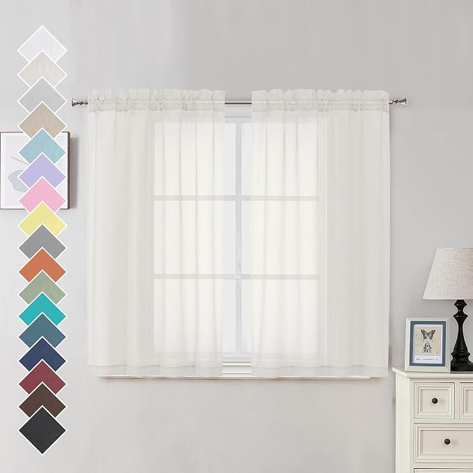 Sheer Curtains Ivory 45 inches Long Kitchen Curtains, Rod Pocket Clean Selvedge by OVZME