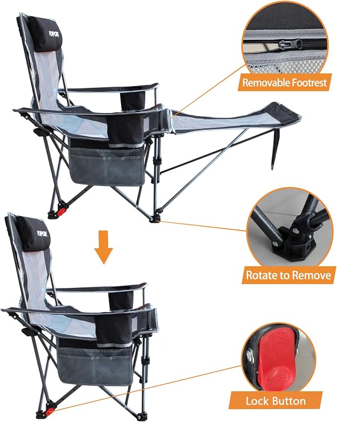 Reclining Camping Chair with Removable Footrest Lounge Chair with Headrest - Image 5