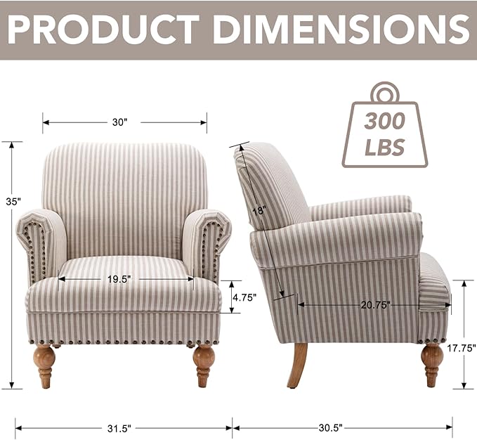 Khaki Striped Linen Fabric Accent Chairs Set of 2, Modern Farmhouse Upholstered - Image 2