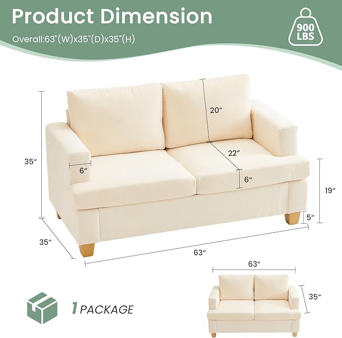 YOUDENOVA Sofa, 63” Comfy Loveseat Sofa Couch - Image 2