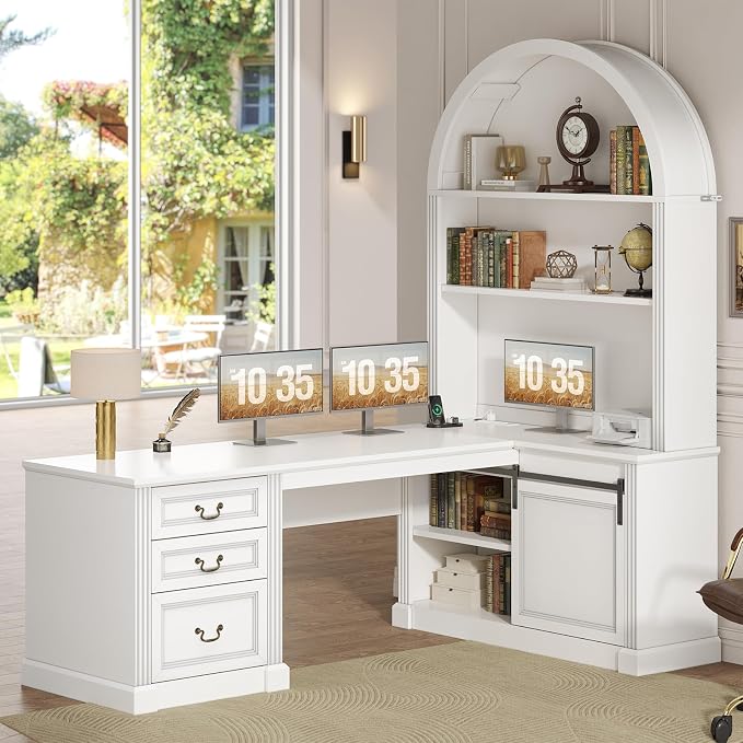 SEDETA 67" L Shaped Desk with Tall Arched Bookshelf, Mid-Century Office - Image 9