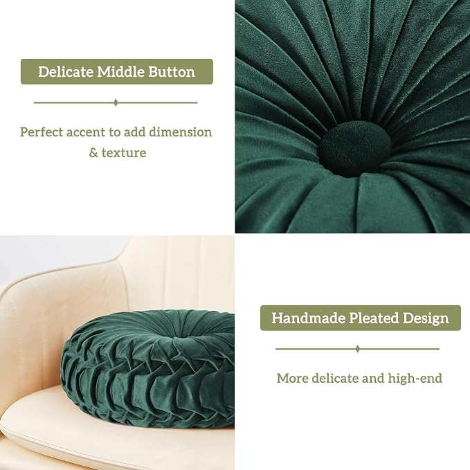 HIG Set of 2 Emerald Velvet Decorative Round Pleated Throw Pillows | Vintage - Image 3