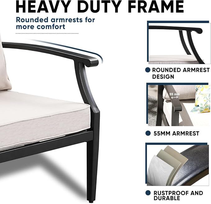 4 Piece Outdoor Patio Furniture Set, Oversized Metal Conversation Set - Image 5