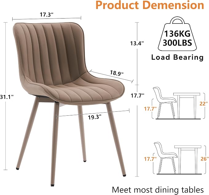 YOUNUOKE Mid-Century Modern Dining Chairs Set of 2, Khaki PU Leather - Image 2