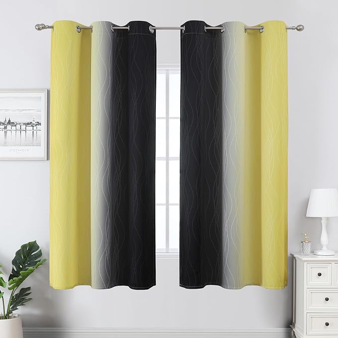 Black and Yellow Ombre Blackout Curtains 63 Inches Long | Room Darkening - Image 2