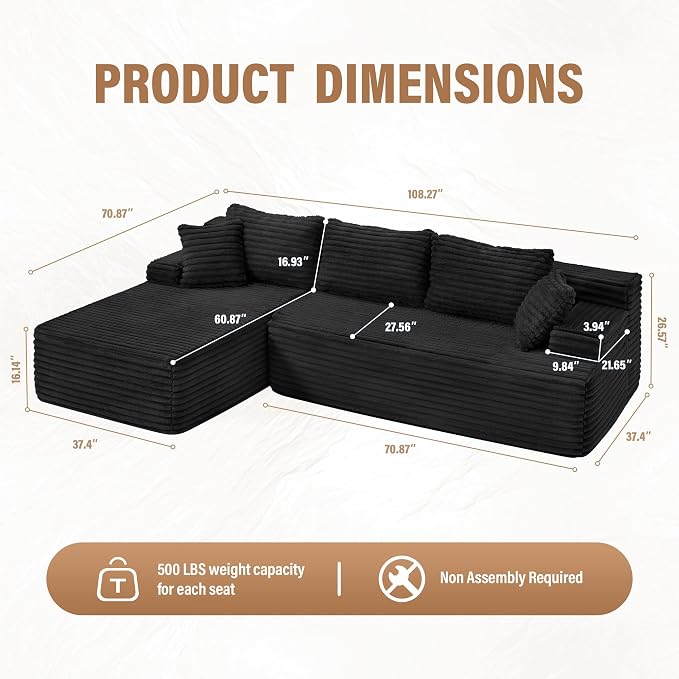 Hobestluk Modular Sectional Sofa Couches L-Shape Couch 3 Seat Modular Sofa - Image 2