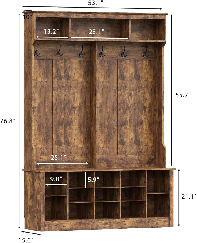 Wodeer Hall Tree with Bench and Shoe Storage, 6 Hooks, 12 Shoe Cubbies - Image 8