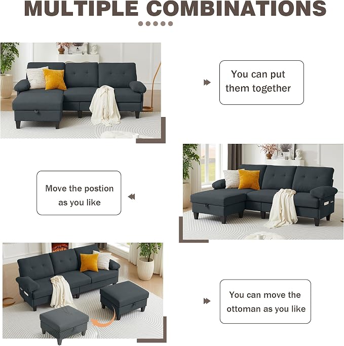 84" Convertible Sectional Sofa, Deep 3-Seater L Shaped Sectional Couch - Image 5