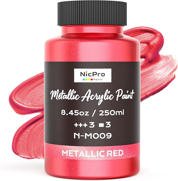 Nicpro Metallic Red Acrylic Paint, 8.45oz/250ml Large Metallic Paint, Non Toxic by Nicpro