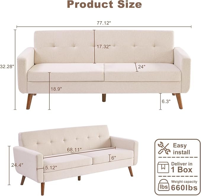 Tbfit 77.2" W Linen Sofa Couch, Mid Century Modern Decor Loveseat Couches - Image 2