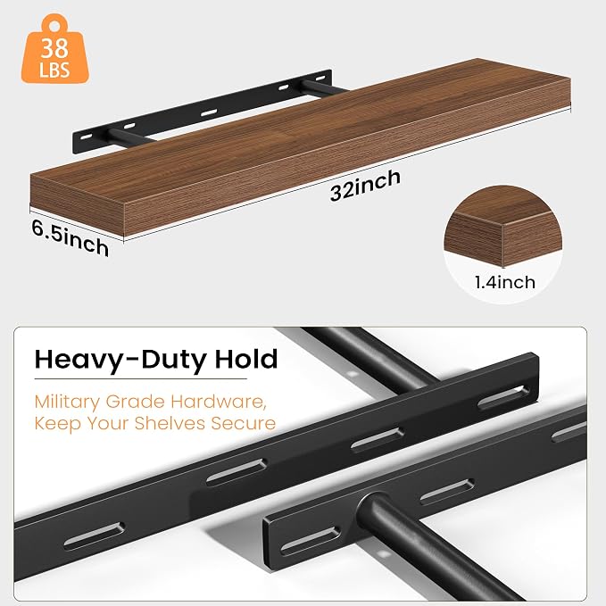 Fun Memories Floating Shelves for Wall, 32 Inch Set of 2 Rustic Wood Wall - Image 4