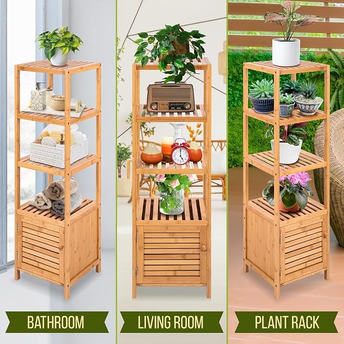 SereneLife 5-Tier Bamboo Bathroom Storage, Corner Slim Rack Cabinet Organizer - Image 4
