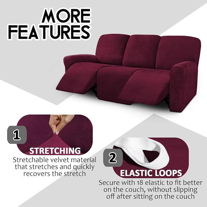 ULTICOR Velvet 8-Pieces Recliner Sofa Covers Stretch Reclining Couch Covers - Image 4