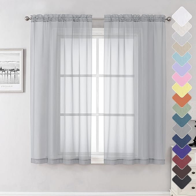 Light Grey Sheer Curtains 63 Inch Length 2 Panels, Light Filtering Solid Voile by Lecloud