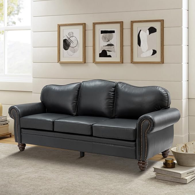 81" Genuine Leather Sofa, Classic 3-Seater Couchs - Image 3