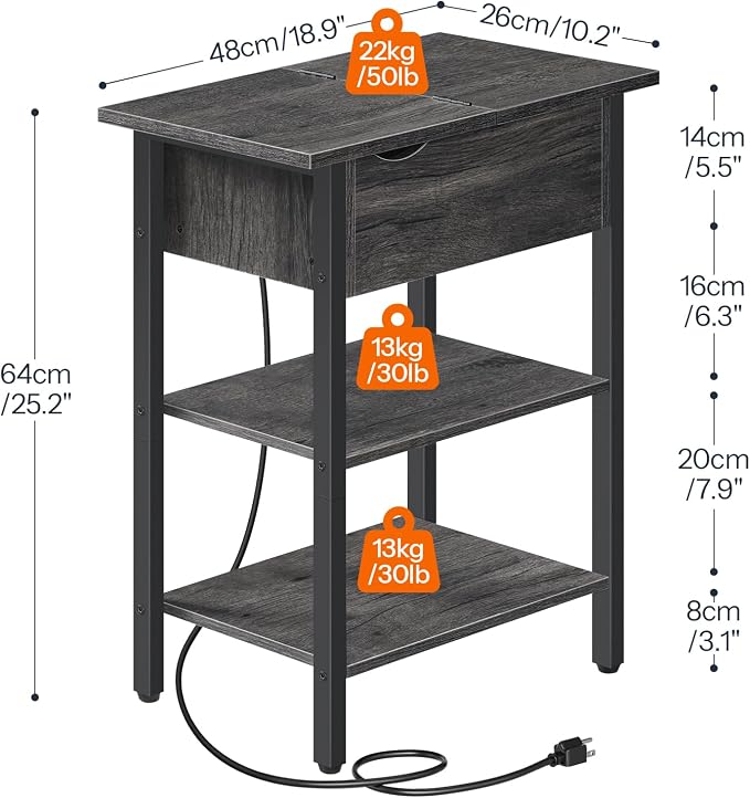 HOOBRO End Table with Charging Station, Narrow Side Table, Flip Top Nightstand - Image 3