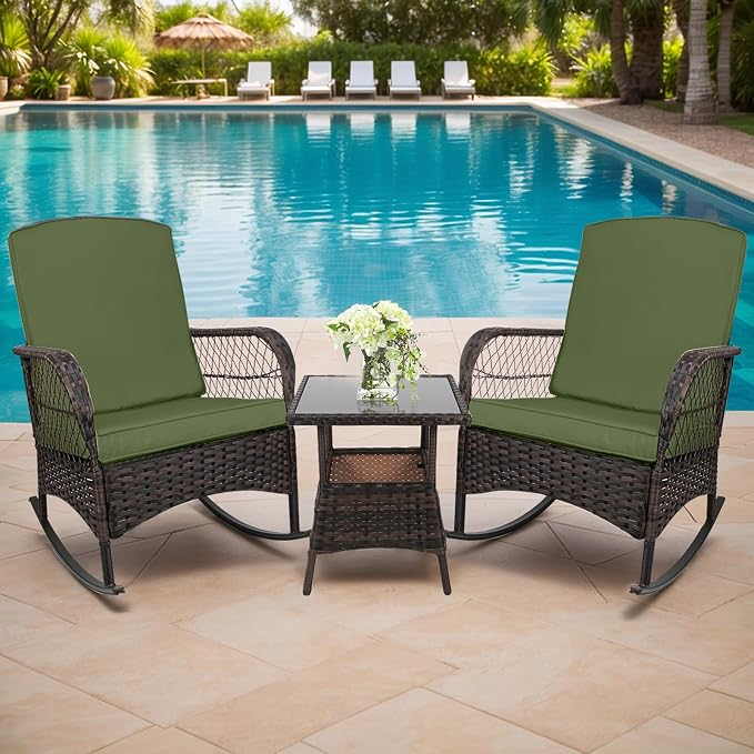 LEVELEVE 3 pcs Rocking Bistro Set Conversation Chairs PE Wicker Outdoor Rocking - Image 7