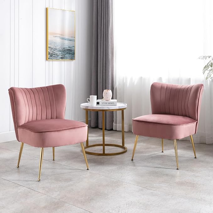 Velvet Accent Chairs Set of 2 Comfy Living Room Chair Armless Slipper Chair Mid - Image 8
