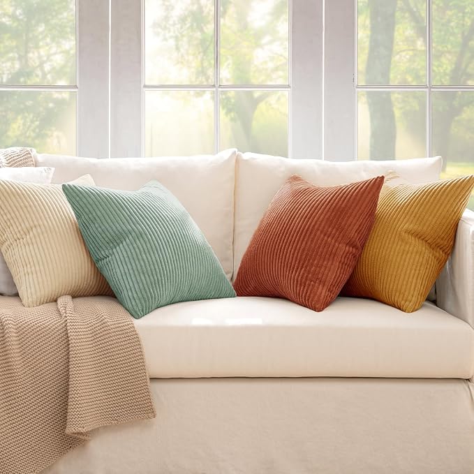 MIULEE Soft Corduroy Decorative Throw Pillow Covers Teal-Rust 16x16 | Set of 4 - Image 3