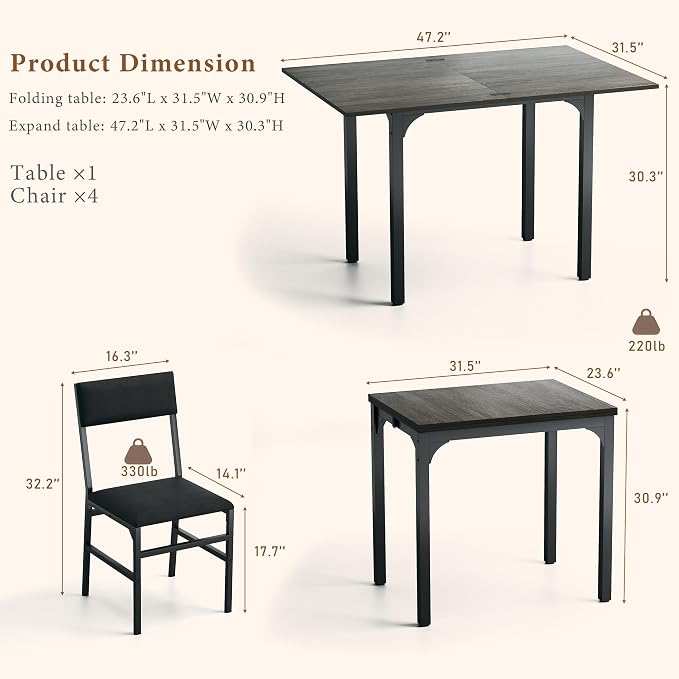 HUAHUU Dining Table Set for 4, Extendable Kitchen Table Cushion Chairs Set of 4 - Image 2