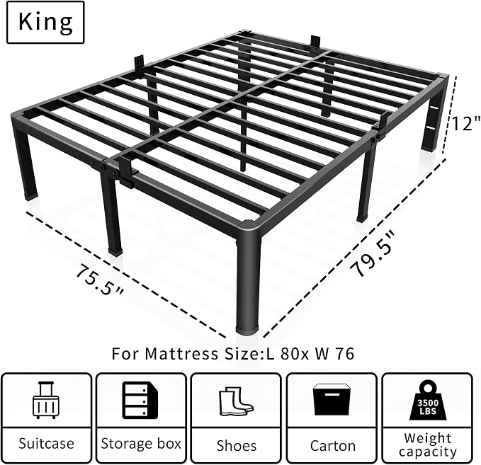 ROIL 12 inch King Size Bed Frame Metal Platform No Box Spring Needed - Image 3